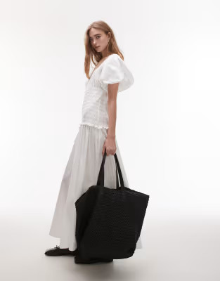 Topshop puff sleeve square neck shirred midi dress in white | ASOS (Global)