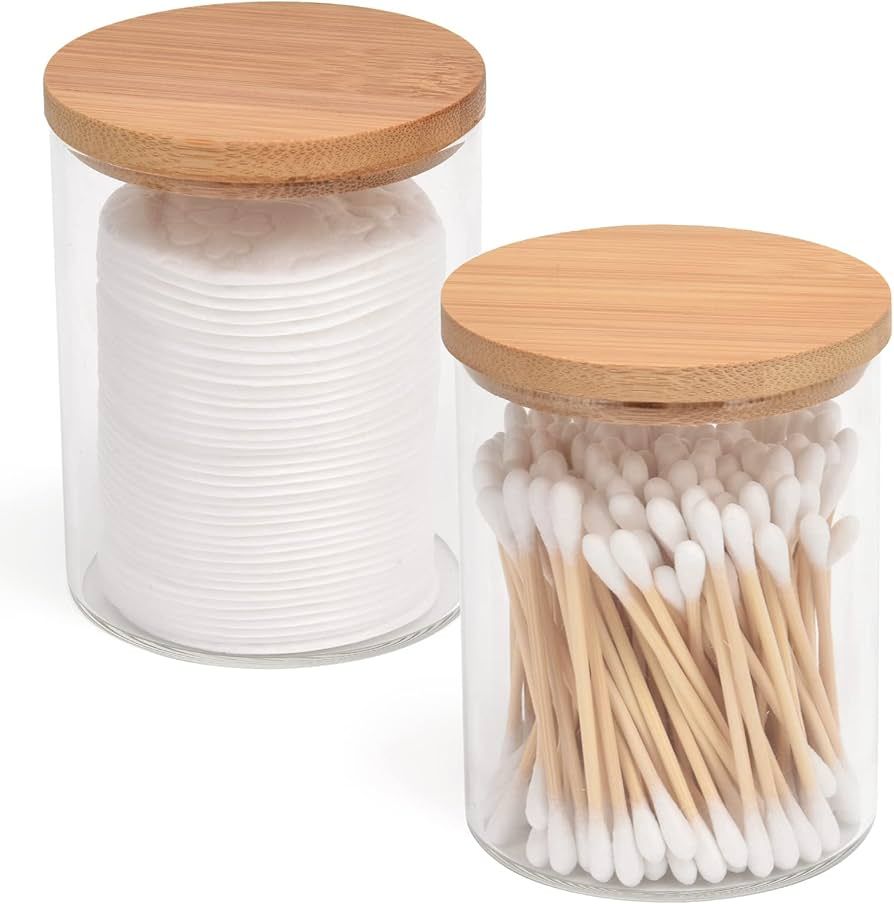 BKYFPQ 2 Pack Glass Qtip Holder Dispenser Bathroom Jars with Bamboo Lids, Cotton Ball Pad Round S... | Amazon (US)