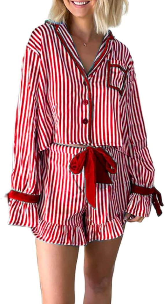 Women Silk Christmas Pajamas 2 Piece Satin Xmas Pjs Striped Print Long Sleeve Bow Tie Shirt Short... | Amazon (US)