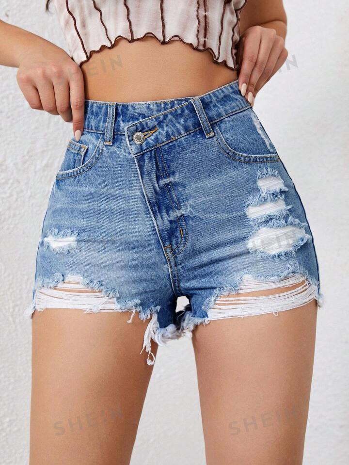 SHEIN EZwear High Waist Ripped Raw Trim Denim Shorts | SHEIN