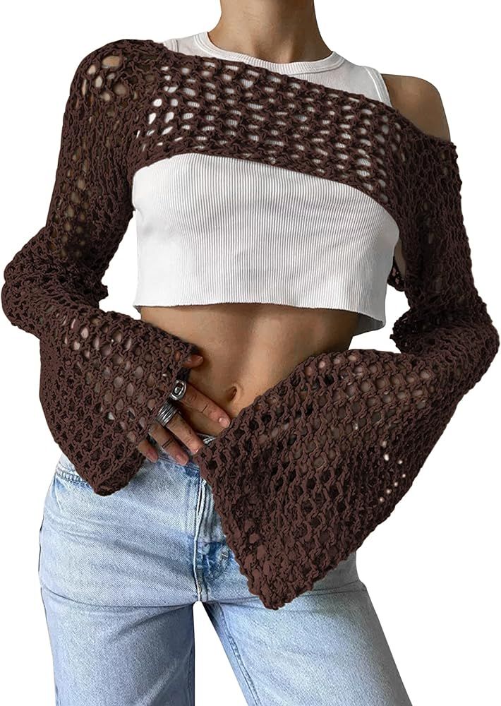 PICPUNMAK Women Grunge Crochet Knit See Through Crop Tops Cover Up Shrug Long Sleeve Crew Neck Ca... | Amazon (US)