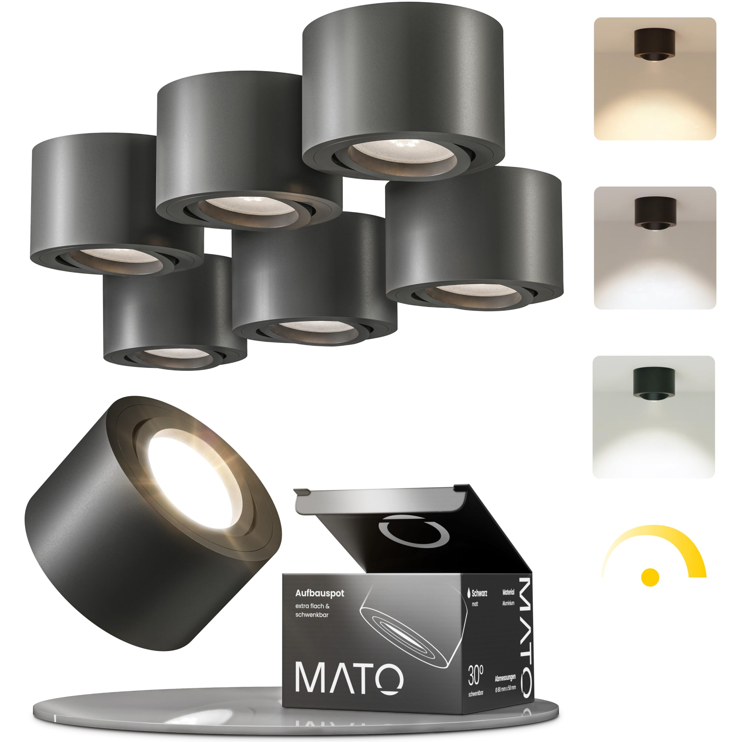 MATO 6x Aufbauspot schwarz - extra flach & schwenkbar - Ø80x50mm - Aufputz Spots Decke inkl. 5W ... | Amazon (DE)