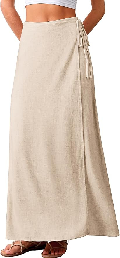 ELLEVEN Linen Wrap Maxi Skirt Elastic Back Waistband Flowy A Line Summer Casual Long Skirt | Amazon (US)