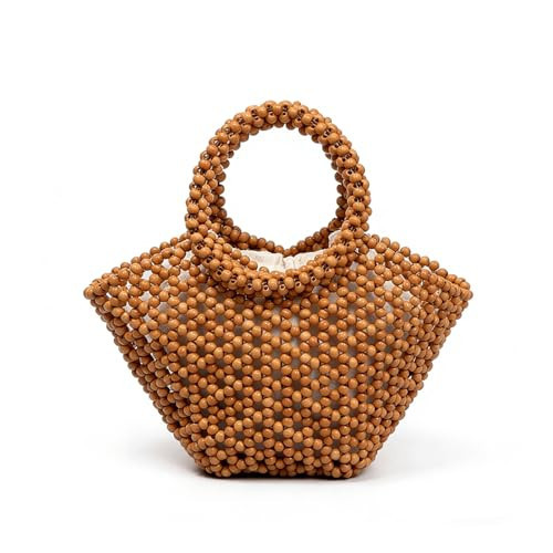 Wooden Beaded Bag Wood Bead Tote Hobo Bucket Purse for Woman with Canvas Inner Drawstring Pouch Natural Texture Rustic Wabi Sabi Summer Vacation Round Beaded Top Handle Handbag (Brown) | Amazon (US)