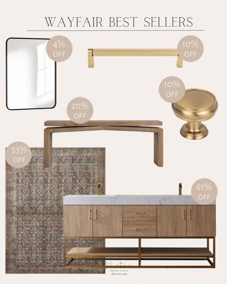 Wayfair best sellers 
Double vanity sink / area rug / wall mirror / mushroom knob / center to center bar pull / console table 

#LTKsalealert #LTKhome