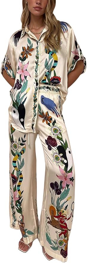 Womens 2 Piece Linen Sets Short Sleeve Button Down Shirt Wide Leg Pants Lounge Sets Boho Print Su... | Amazon (US)