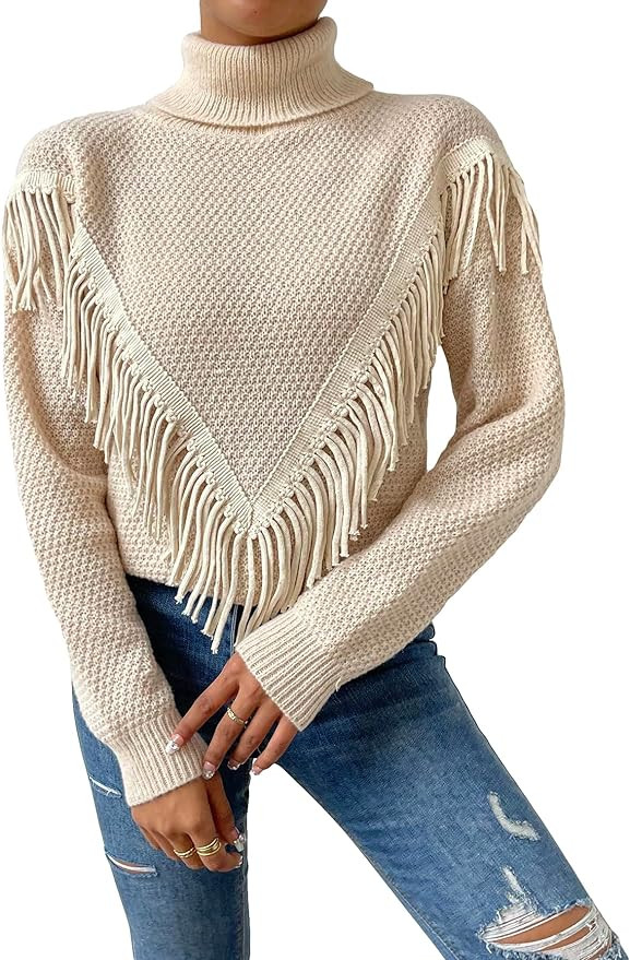 WDIRARA Women's Turtleneck Fringe Trim Drop Shoulder Long Sleeve Casual Warm Sweater Pullovers | Amazon (US)
