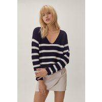 Womens Knitted V Neck Stripe Jumper - Navy - XS, Navy | NastyGal (UK, IE)