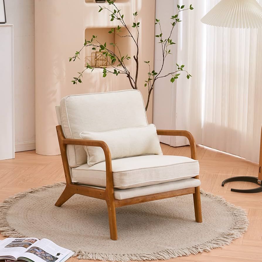 Bonnlo Linen Beige Mid Century Modern Accent Chair, Soild Wood Padding Lounge Armchairs Side Sitt... | Amazon (US)