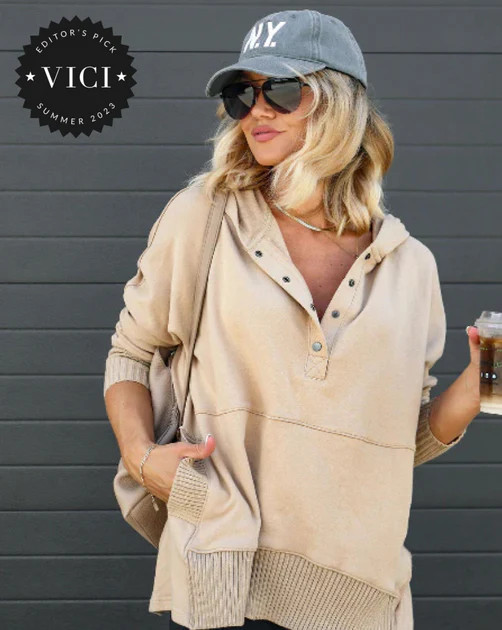 Mindful Cotton Pocketed Henley Hoodie - Taupe | VICI