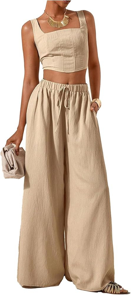 GORGLITTER Women's Linen Sets 2 Piece Outfits Cropped Tank Top Baggy Pants Matching Sets, Size Sm... | Amazon (US)