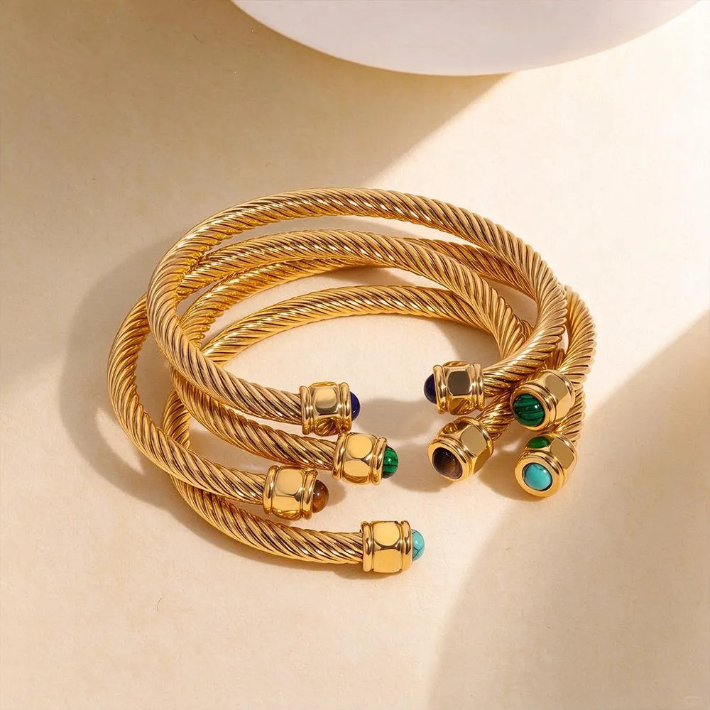 18K Gold PVD Twisted Cable Cuff Bangle | Stainless Steel | Faux Stone Cabochons | Etsy (Global)