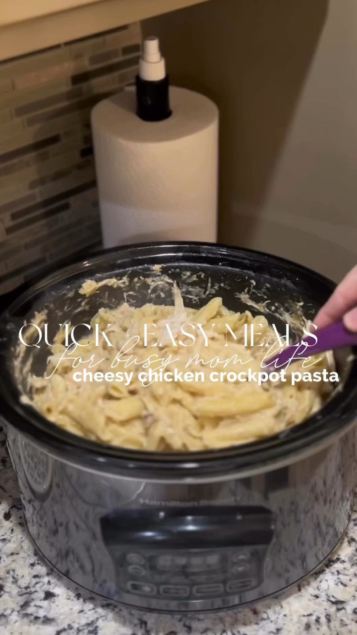 ✨full recipe + instructions⬇️✨

🍜Creamy Cheesy Chicken Crockpot Pasta🍜

Ingredients
1 carton low sodium chicken broth
4-5 boneless chicken breasts
1/2 - 3/4 cup sour cream (i used low fat Greek yogurt)
1 can cream of mushroom
1 can cream of chicken
1.5 tbsp minced garlic
1-2 tsp Italian seasoning 
1 lb pasta of your choice (bigger noodles don’t turn to mush) 
2-3 cups shredded cheese 

Instructions
Grease crockpot REALLT good. Add in 4-5 boneless skinless chicken breasts. Then add in broth, sour cream (Greek yogurt), cream of mushroom, cream of chicken, minced garlic, Italian seasoning. Cook on high for 4-5 hours. Low for 6-8 hours.Add in pasta. Cook for another 20-30 mins on low. Once noodles are fully cooked add in shredded cheese and stir until melted. Serve & enjoy ☺️ 

✨Note: If it’s a bit too thick for you, you can add in some extra chicken broth or some milk, and of course, if you want it to be a bit more cheesy, you can add as much cheese as you’d like! 

#busymom #busymomlife #easymeals #momlifeonabudget #crockpotrecipes
