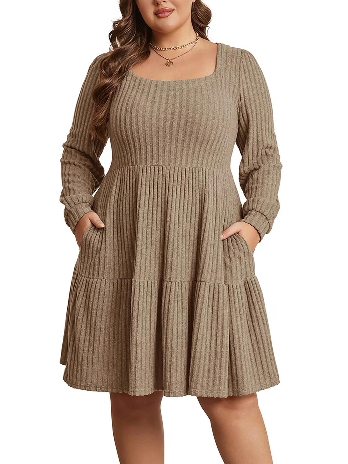 Cuteduck Women's Plus Size Fall Sweater Dress Long Sleeve Babydoll Dresses with Pocket, 1X-5X | Walmart (US)