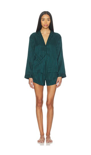 LUNYA Washable Silk Striped Jacquard Button Up Long Sleeve Short Set in Dark Green. - size M | Revolve Clothing (Global)
