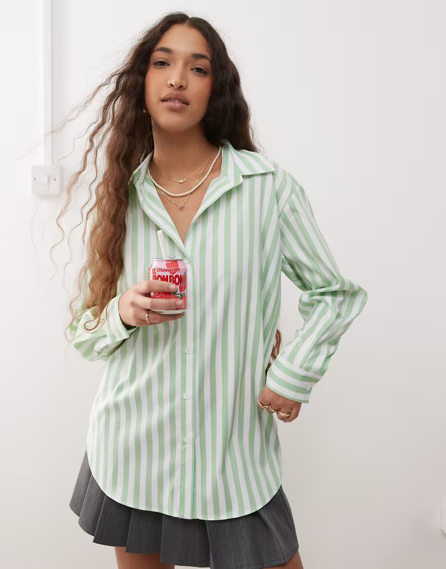 Miss Selfridge oversized shirt in green stripe | ASOS (Global)