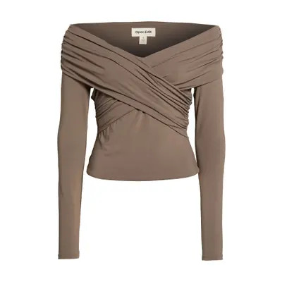 Open Edit Long Sleeve Cross Front Top in Brown Seal at Nordstrom, Size Xx-Small | Nordstrom