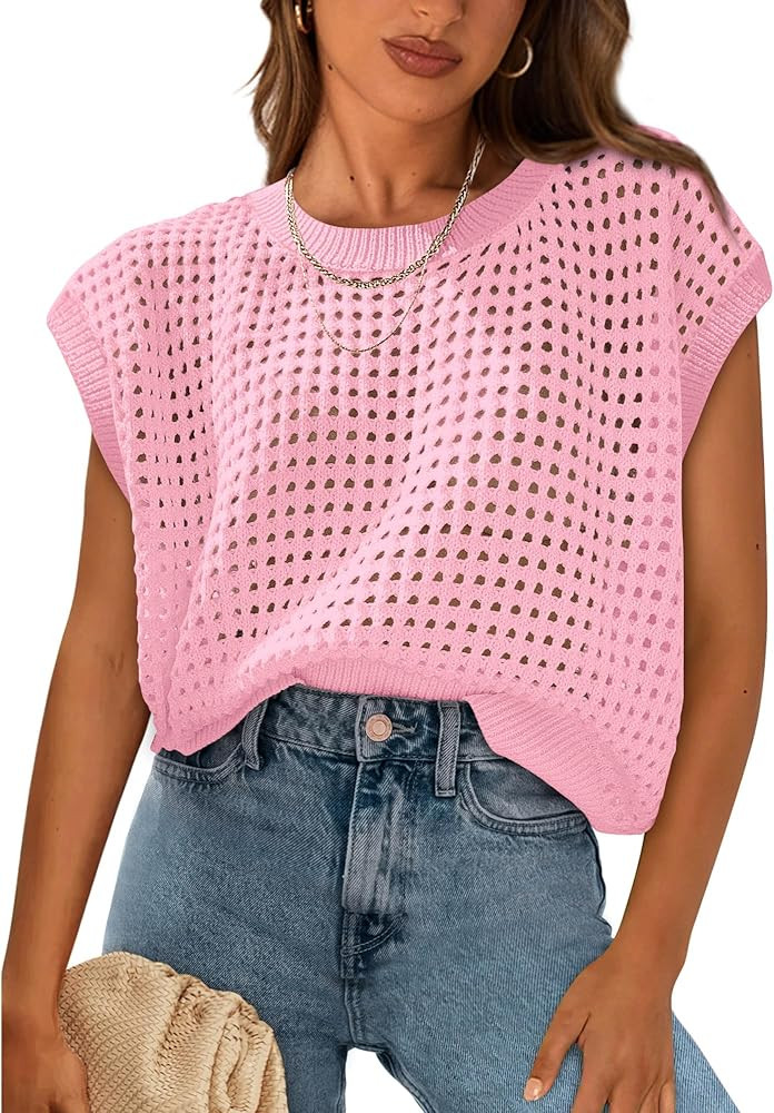 PRETTYGARDEN Womens Spring Tops 2026 Summer Shirts Crochet Cap Sleeve Sweater Pullover Cute Beach... | Amazon (US)