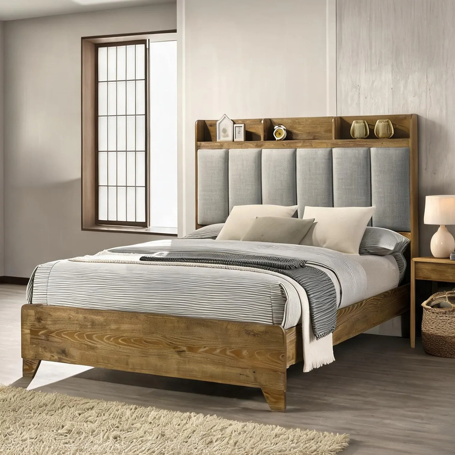 SunJet Warm Brown Wood King Bed with Upholstered Headboard USB Transitional Style one_size | HL79N8KPNF24 | Lowe's