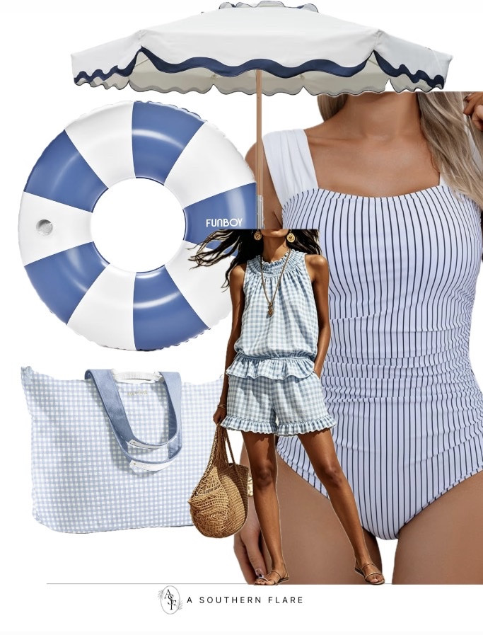 Summer essentials: beach totes, comfy swimwear, and a sun umbrella! Perfect for any vacation. #SummerStyle #BeachReady