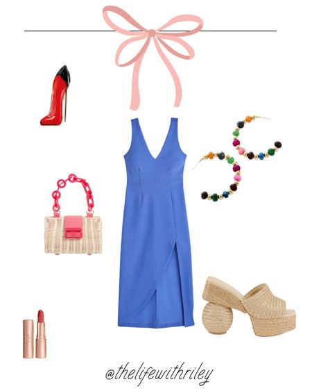 Blue dress with pops of color in the accessories 

This would be perfect as a wedding guest dress, date night outfit, baby shower outfit, bridal shower outfit, vacation outfit 

Love the pops of color in the earrings as well 

Dress, shoes, and bag are currently on sale 

#LTKshoecrush #LTKstyletip #LTKSeasonal