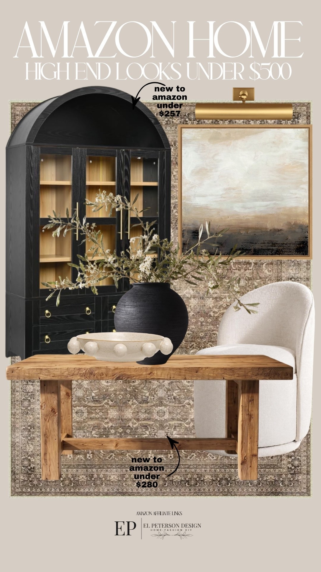 Amazon
Area rug
Artwork
Picture light
Dining table
Dining table 
Vase
Arch cabinet