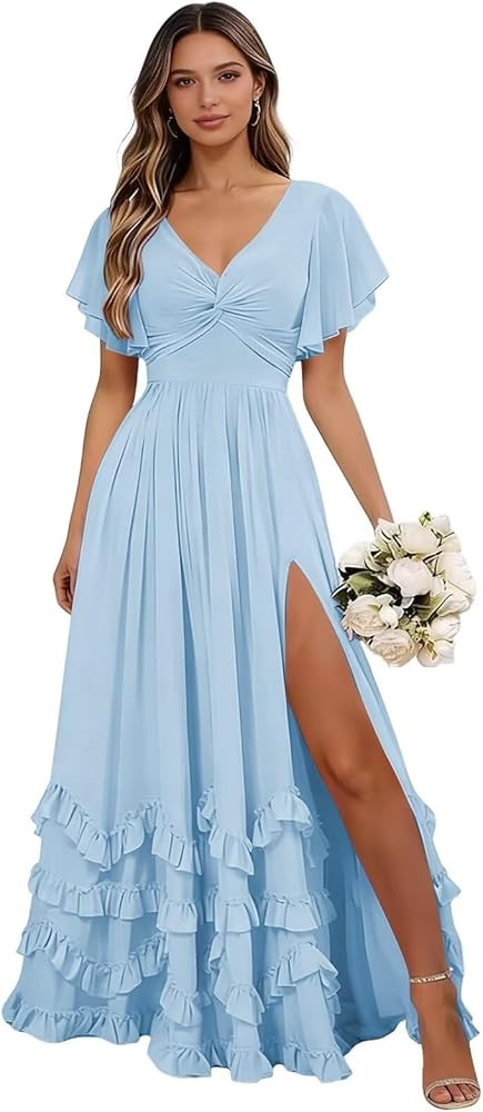 Chiffon Short Sleeve Bridesmaid Dresses for Women 2026 Tiered V Neck Long Ruffle Formal Dress wit... | Amazon (US)