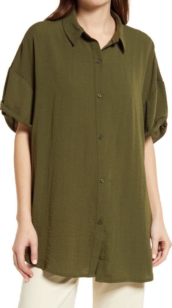 Oversize Short Sleeve Tunic Olive Shirt Olive Khaki Blouse Summer Outfits Business Casual | Nordstrom