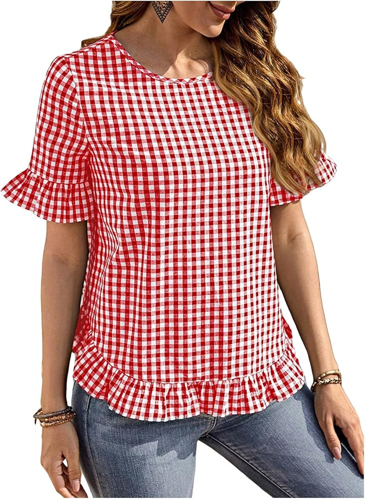 Floerns Women's Ruffle Trim Short Sleeve Gingham Print Casual Blouse Top | Amazon (US)