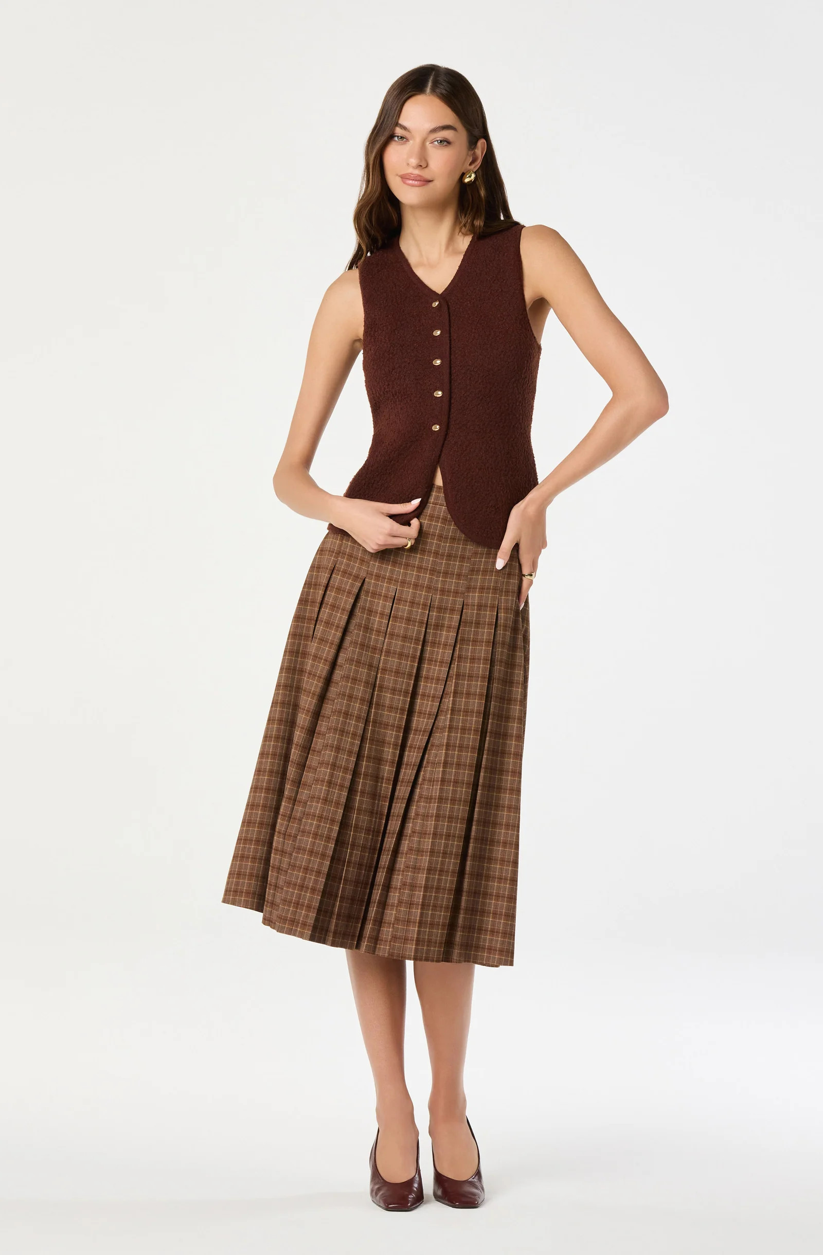 Textured Longline V-Neck Vest - Brown / XS | ASTR The Label (US)
