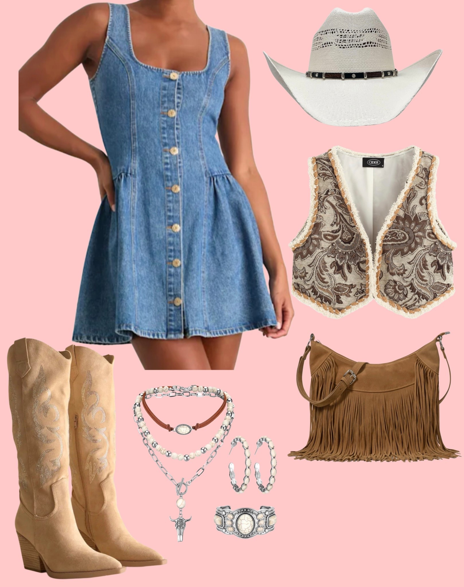 Denim mini dress paired with western boots, fringe handbag, and vest! Concert or rodeo look for sure!

#LTKFestival #LTKSeasonal #LTKootd