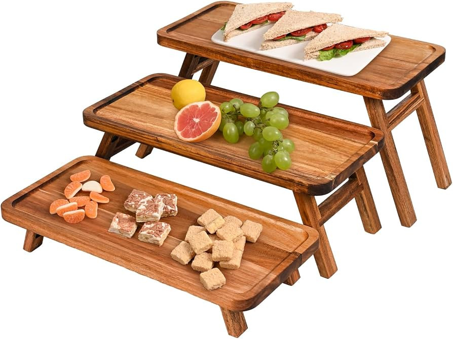 GEHE 3 Tier Serving Tray Acacia Wooden Tiered Tray Stand Foldable Dessert Table Display Set Decor... | Amazon (US)