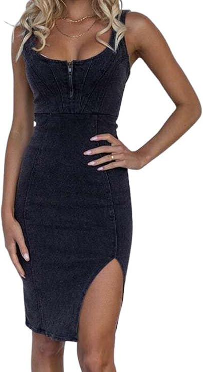 utcoco Denim Dress for Women Sleeveless Side Slit Bodycon Midi Jean Dresses for Women 2024 | Amazon (US)