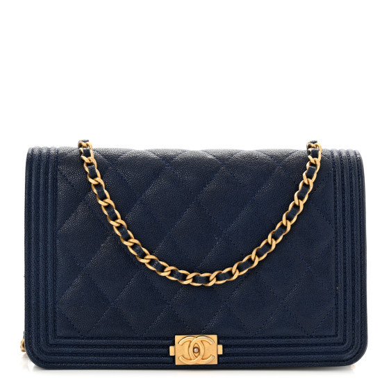 CHANEL Caviar Quilted Boy Wallet On Chain WOC Navy Blue | FASHIONPHILE (US)