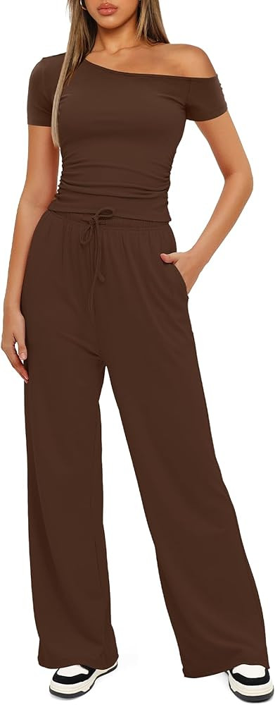 Darong Women's 2 Piece Outfits Lounge Sets Off Shoulder Short Sleeve Tops and High Waisted Wide L... | Amazon (US)