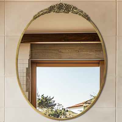 23.6x31.6in Vintage Oval Decorative Wall Mirror Antique Glam Bathroom Vanity Mirror w/Resin Rose Decor | Target