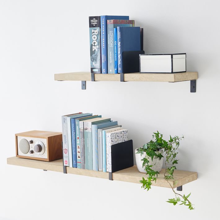 Wooden Shelf With Metal Bookend Sliders- Brushed Fog/Black | Pottery Barn Teen