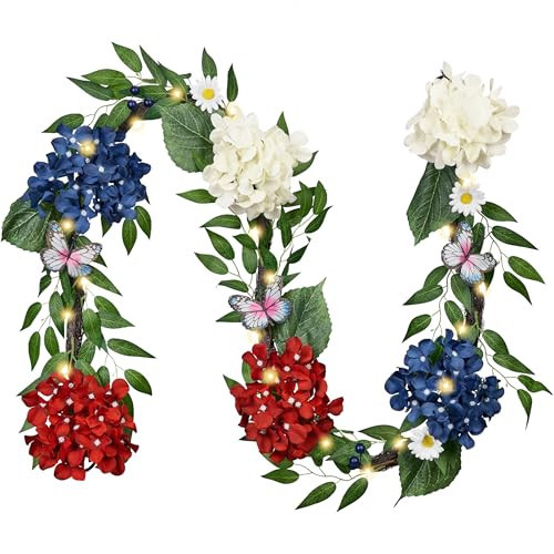 Valery Madelyn 6FT Patriotic Hydrangeas Garland with Lights for Mantle, Red White Blue Summer Floral Daisy Garland with Eucalyptus Leaves Butterfly for 4th of July Independence Day Decor | Amazon (US)