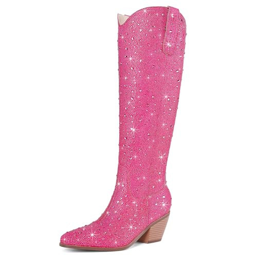 RONILURN Women's Pink Rhinestone Cowgirl Boots, Knee High, Size 8.5, Glitter, Block Heel, Star Theme, Casual, BOOT | Amazon (US)