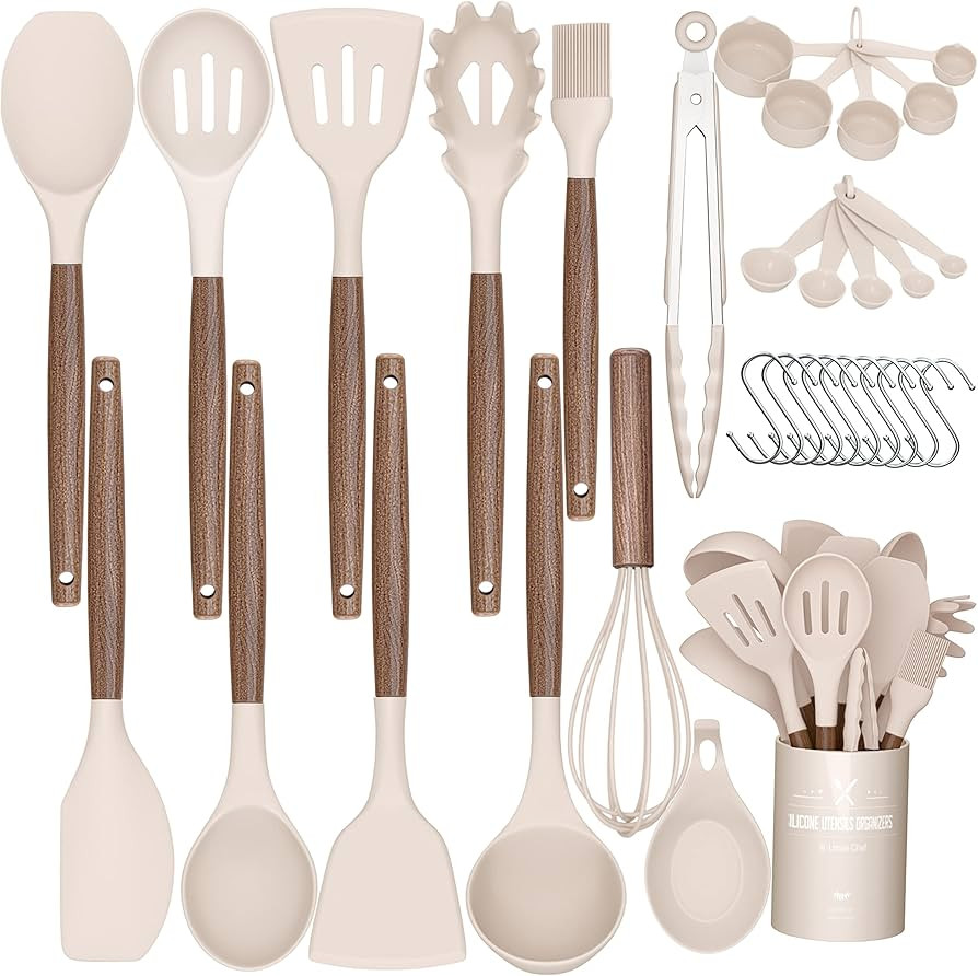 33 Pcs Silicone Kitchen Utensils Set, Khaki Kitchen Cooking Utensils Set with Black Natural Walnu... | Amazon (US)