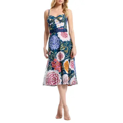 Carlita Belted Floral Embroidered Midi Cocktail Dress | Nordstrom