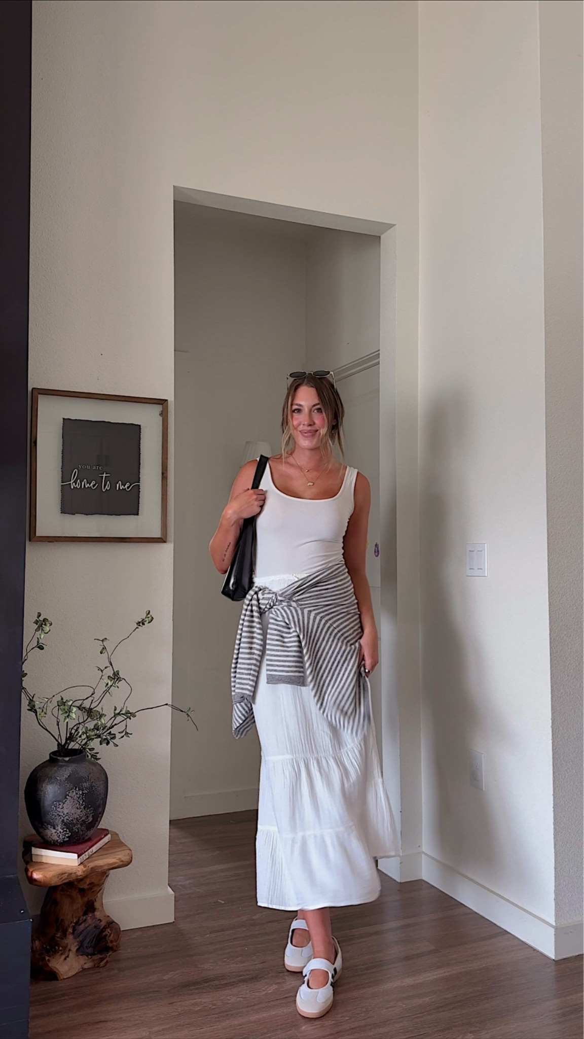 Casual Mom💘 outfit idea styling a white maxi skirt! I’m 510 wearing a small tall and skirt and small in top