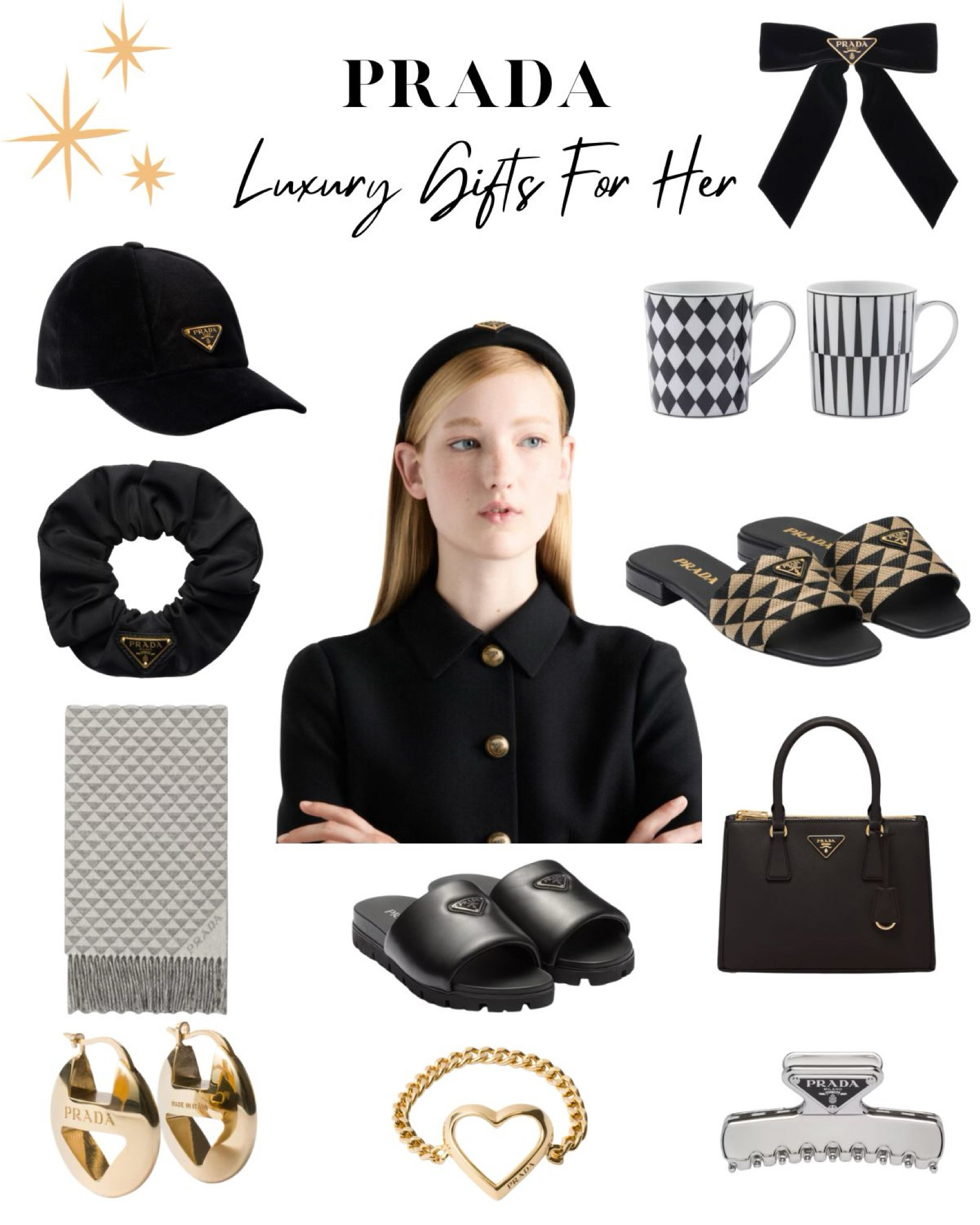 Luxury gifts for her | Prada gifts for her: 
Fashion gifts for her: Prada slide sandals, Prada scarf, black Prada logo baseball cap, Prada black velvet bow hair clip, Prada gold hoop earrings, Black leather Prada slides, black Prada saffiano tote bag, Prada gold ring, silver hair claw clip, black Prada logo headband (one of my favorites on this holiday gift guide).

Luxury gifts for home: Prada coffee cups for the stylish home.

#LTKHoliday #LTKGiftGuide #LTKSeasonal