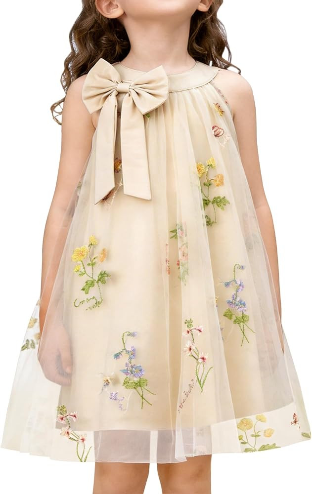 YALLET Flower Girl Dress Halter Neck Sleeveless Kids Dresses Collar Bow Embroidery Tulle Dress fo... | Amazon (US)