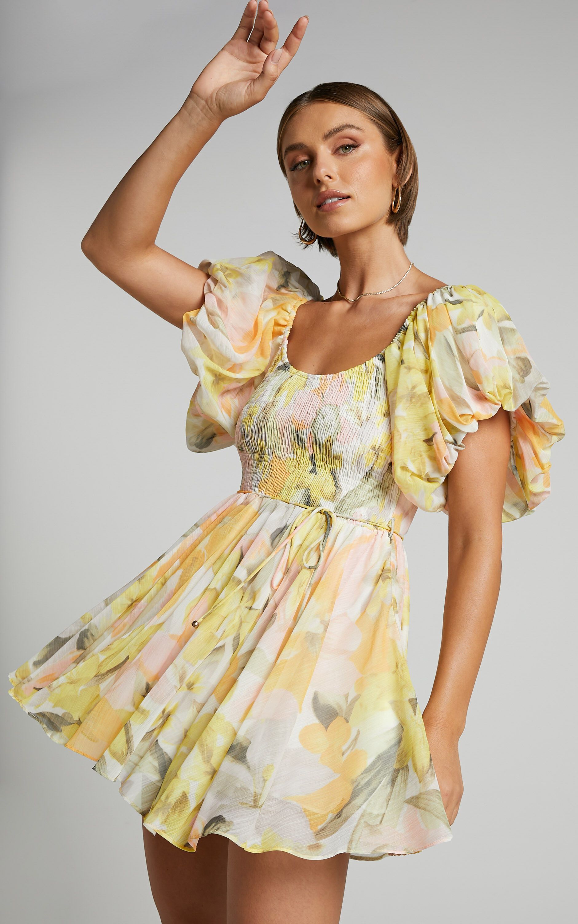 Soraia Mini Dress - Scoop Neck Puff Sleeve Gathered Dress in Yellow Floral | Showpo (US, UK & Europe)