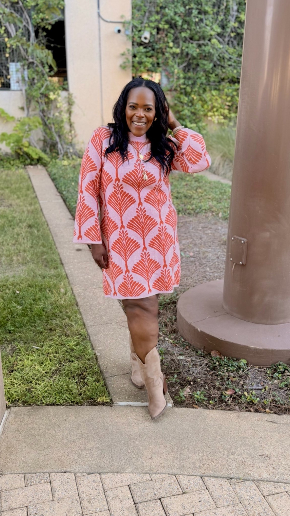 This throw on sweater knit dress from Amazon is such an easy outfit to throw on and out the door you’ll go! Pair it with boots like I have that are from Walmart, or wear it with some chic sneakers and a fun crossbody! I’m wearing the size large.