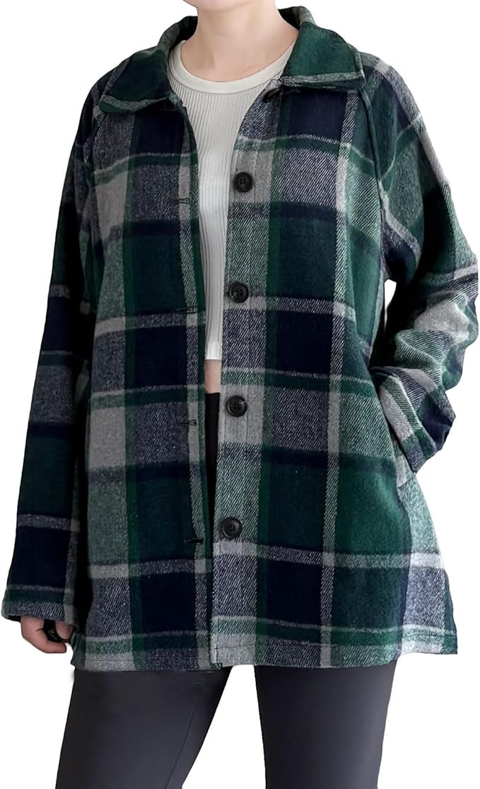 Minibee Women's Flannel Plaid Shacket Long Sleeve Jacket Button Down Shirts Coats with Pockets | Amazon (US)