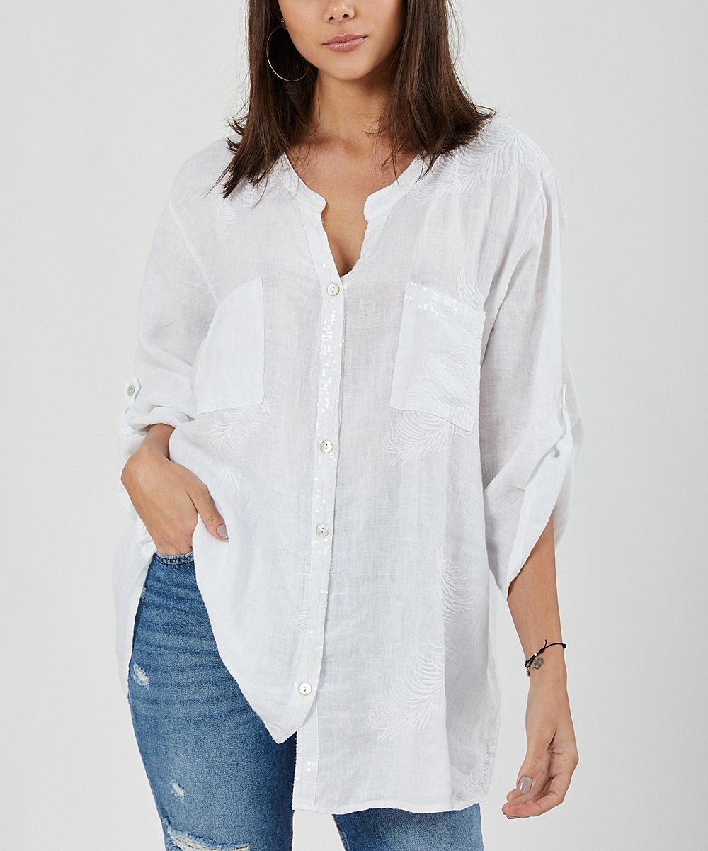 Ornella Paris Women's Blouses - White Leaf Notch Neck Linen Button-Up Top - Women & Plus | Zulily