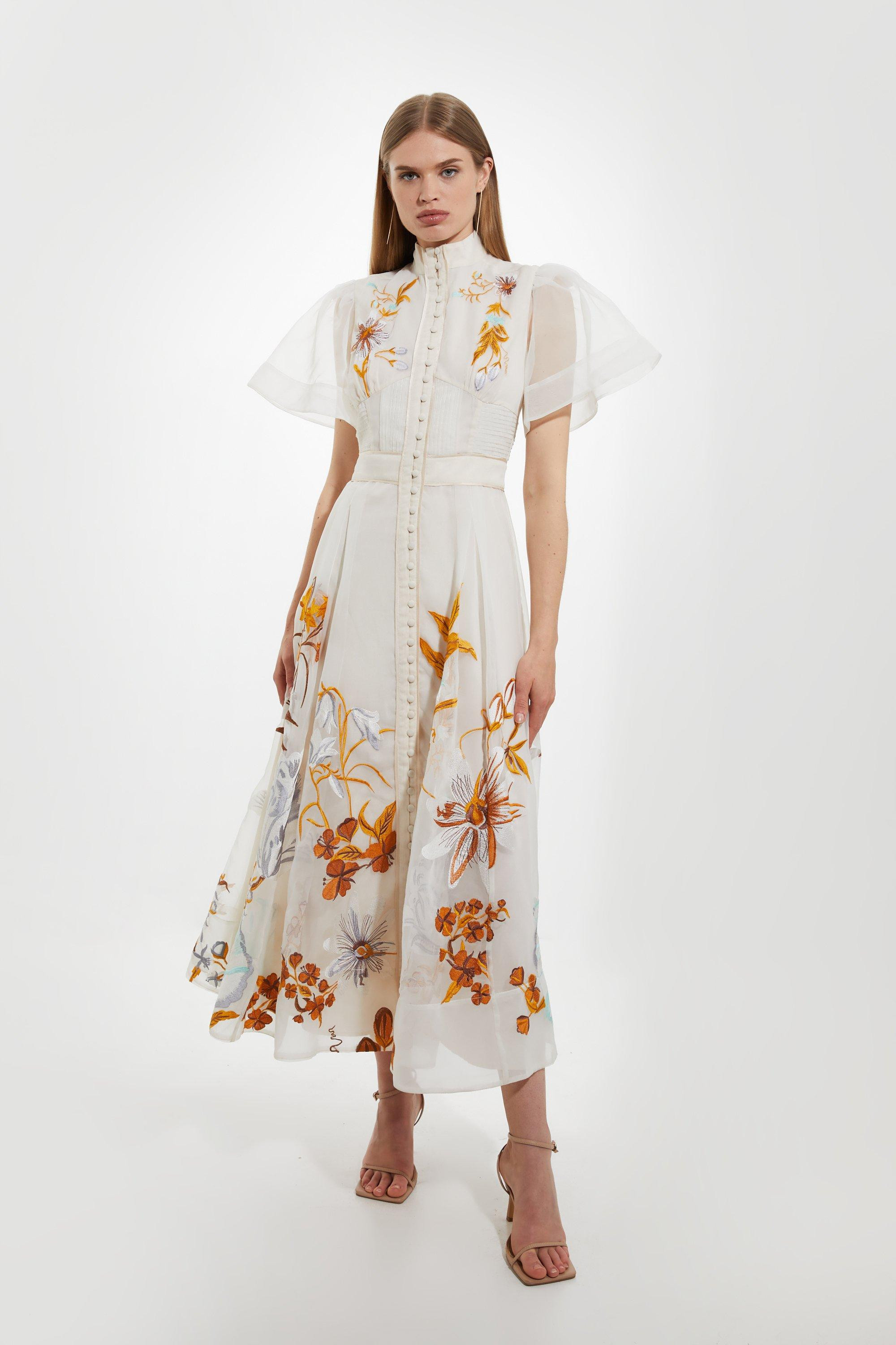 Botanical Embroidery Organdie Angel Sleeve Midi Dress | Karen Millen US