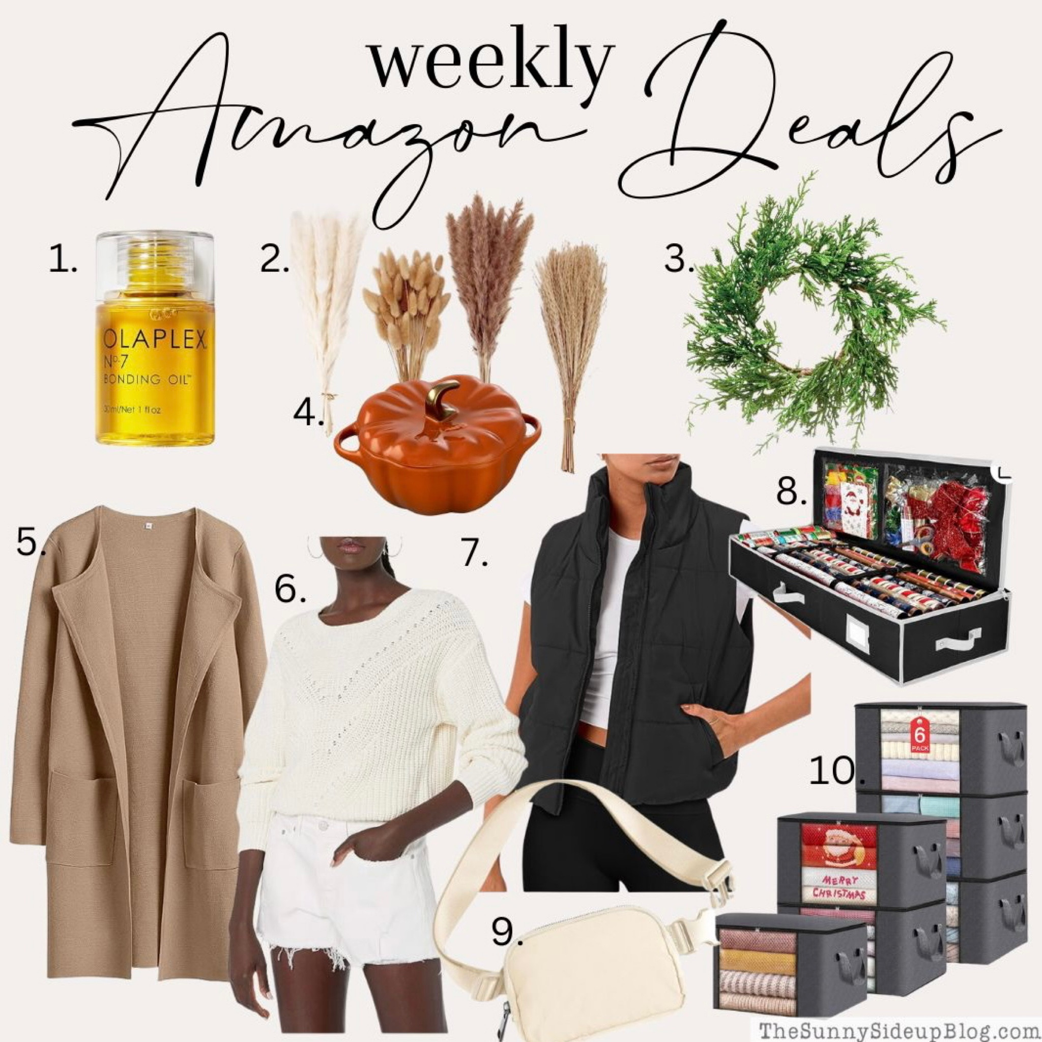 Amazon Deals! 
Amazon sales 
Clothing
Bonding oil 
Storage bags 
Wreath 
Wrapping paper 
Pumpkin dish 
Faux flowers 
Belt bag 

#LTKsalealert #LTKhome